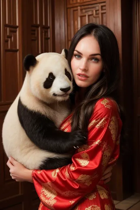 araffes woman in red robe holding a panda bear in her arms