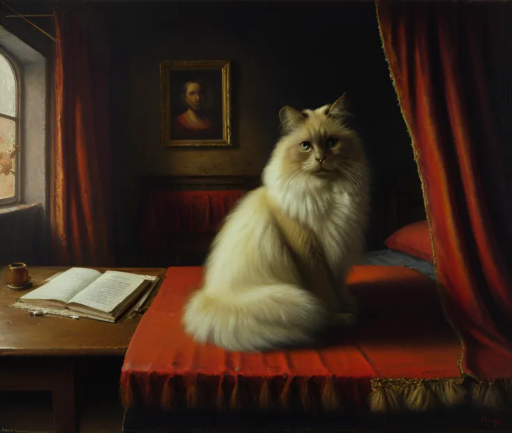 oil painting, birman cat, sitting on bed, bed chamber, red drapes, table, open book, soft dark lighting, impasto, brush marks, no humans, composition follows the golden ratio