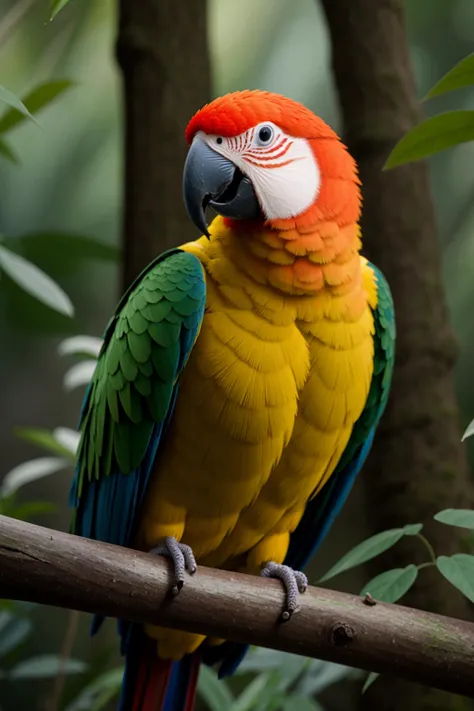 brightly colored parrot perched on a branch in a tree