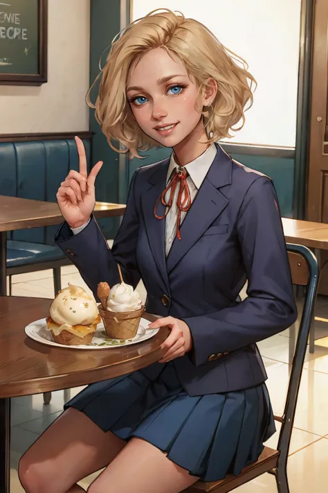 PAZ, blue eyes, short blonde hair,school uniform, blue skirt, blazer, red ribbon, looking at viewer, smiling, happy, teeth, sitting, behind a table, inside restaurant, table full of food, ice cream, high quality, masterpiece,  <lora:PAZ:.5>