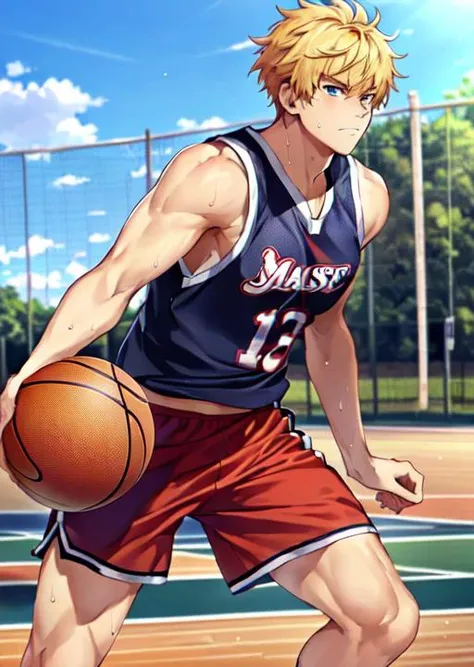 (((best quality, high resolution, masterpiece, best quality))),<lyco:husbandoLocon_v33:0.4>, anime screencap, 1boys, muscular male, basketballplayer, photo of a man playing basketball in a court, shorts, muscular male, dynamic movement, outdoors, sweaty, m...