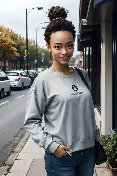 Sonequa Martin-Green, dark skin, bun hair, wearing a grey sweatshirt, jeans,looking at viewer, smiling, outside, neighborhood,  overcast
 extreme detail, hdr, realistic quality, depth of field, <lora:locon_sonequamartingreen_v1_from_v1_64_32:.8>