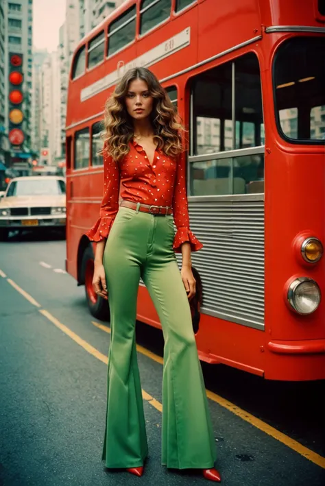 araffe woman in green pants standing in front of a red double decker bus