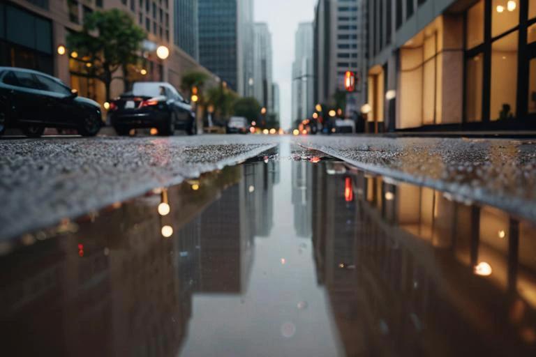 cinematic film still stunning professional architecture photograph,reflections of towering skyscrapers in the rain puddles on a city street,highly detailed,RAW photo,8k,sharp focus,rich colors, . shallow depth of field, vignette, highly detailed, high budg...