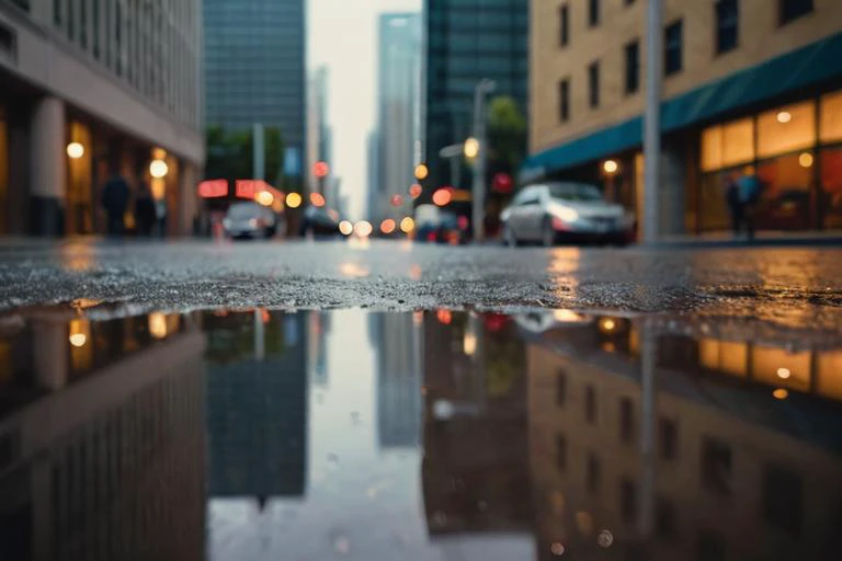cinematic film still stunning professional architecture photograph,reflections of towering skyscrapers in the rain puddles on a city street,highly detailed,RAW photo,8k,sharp focus,rich colors, . shallow depth of field, vignette, highly detailed, high budg...