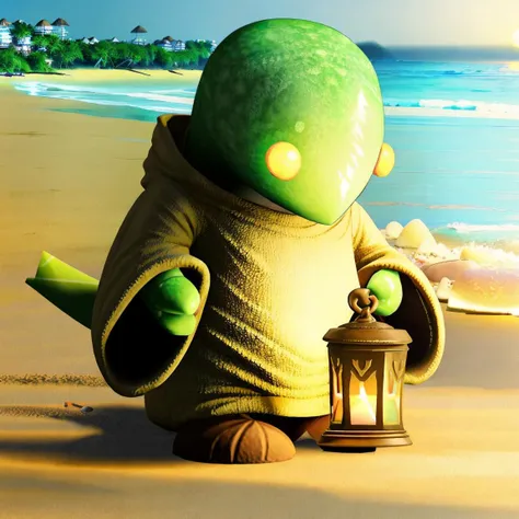 tonberry ((at the beach)),holding knife and lantern,<lora:tonberryv3:1>,