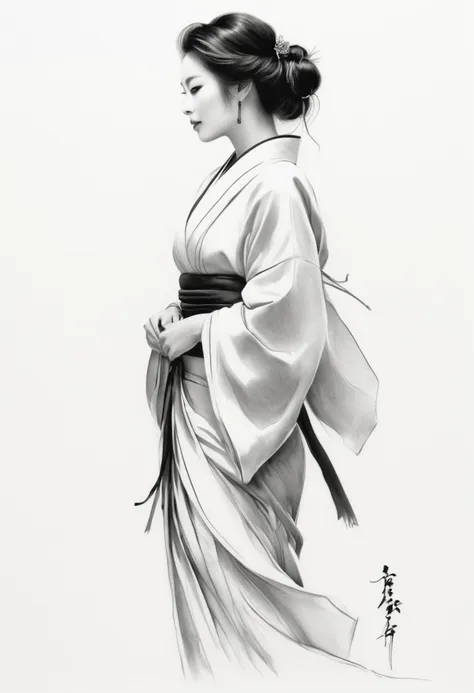 a drawing of a woman in a kimono is standing