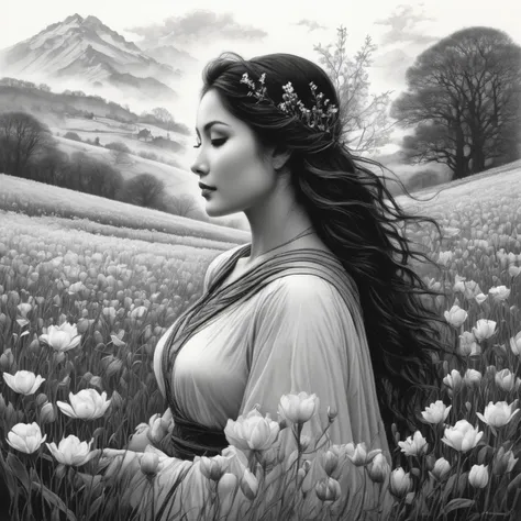 a black and white painting of a woman in a field of flowers