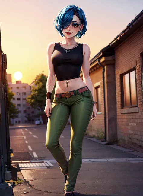 ((best quality)), ((highly detailed)), masterpiece, absurdres, extremely detailed face, beautiful face, (detailed eyes, deep eyes), <lora:more_details:.6>, (1girl), dynamic pose, full body, standing, <lora:Mariekanker:.7>, MarieK, short blue hair, hair ove...