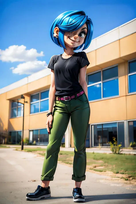 MarieK, short blue hair, ear piercing, hair over one eye, freckles, black eyes, makeup,green pants, black shirt, armband, midriff, belt, black nail polish, shoes,looking at viewer, smiling, full body shot, standing, outside, school yard, blue sky,  high qu...