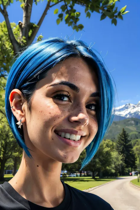 a close up of a person with blue hair and a mountain in the background