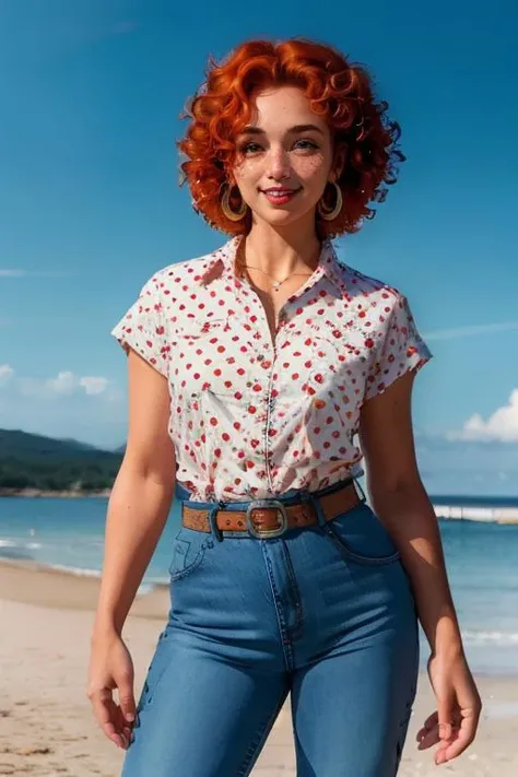 <lora:LeeKanker-10:.8> LeeK, (full body:1.1), twenty years old, sexy posing, smiling, (rosy skin:1.1), curly orange hair, freckles, (hair over eyes:1.2), BREAK LeeATT, denim pants, earrings, polka dot shirt, belt,