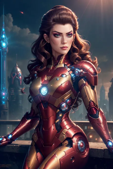 A stunning digital painting of (l4r4f8:1.7),masterpiece, best quality, high detailed, (As a female version of Tony Stark/Iron Man from MCU, render a breathtaking high-resolution artwork set against the backdrop of Stark Tower. Dressed in a sleek, advanced ...