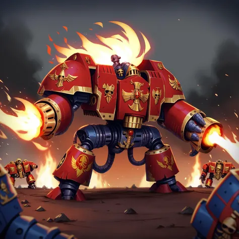 a close up of a warhammer with a bunch of flames