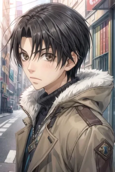 masterpiece, best quality, game cg, 1boy, solo, male focus, looking at viewer, , depth of field, , , <lora:shouta_kisa:0.74>, shouta_kisa, black hair, brown eyes, coat, , , 12k resolution