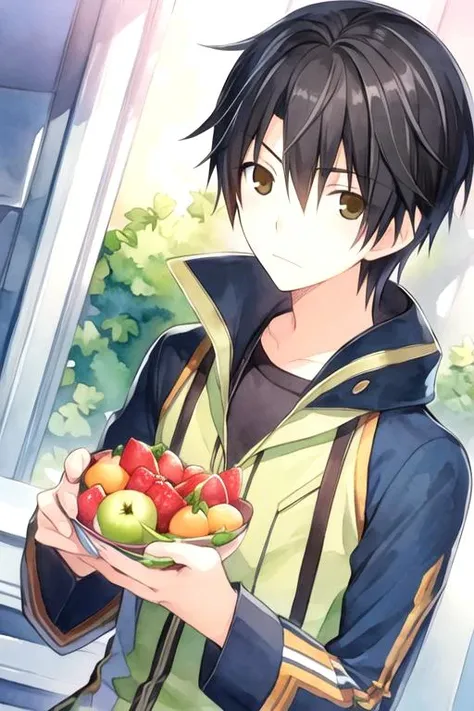 masterpiece, best quality, game cg, 1boy, solo, male focus, looking at viewer, upper body, depth of field, (watercolor illustration, soft pastel colors:1.1), , <lora:shouta_kisa:0.72>, shouta_kisa, black hair, brown eyes, fruits costume, science fiction di...