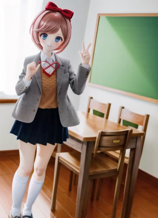 ((best quality)), ((highly detailed)), masterpiece, ((official art)), (detailed eyes, deep eyes), (1girl), cowboy shot, <lora:ddlc-10:1>, Sayori_(doki doki literature club), coral pink hair, blue eyes, short hair, hair bow, red bow, bow, smile, school unif...