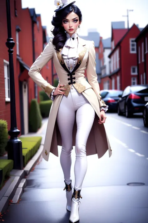 a woman in a white outfit and a trench coat is walking down a street