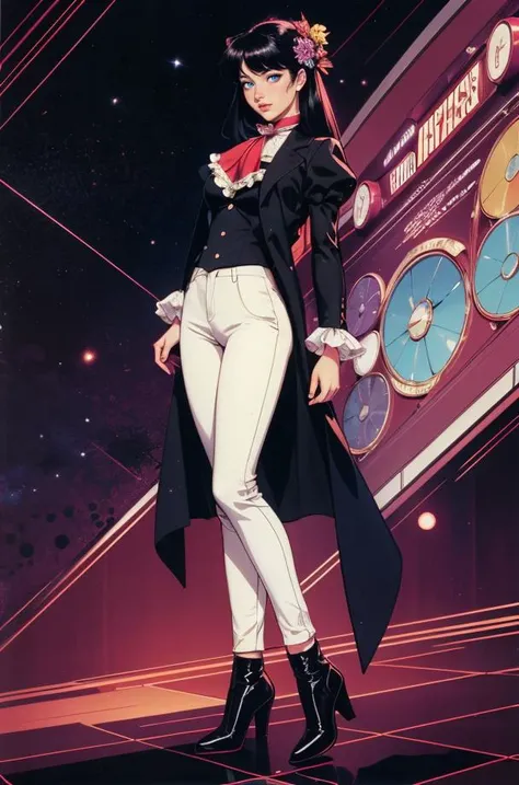 highly detailed woman, HHUD, <lora:HUD3:1>, Lora:HUD2:0.6>, __,  __CC_lipstick_normal_color__, with modern style, radiant light, unreal engine, wearing r1d3r, (formal jacket), long sleeves, (tailcoat), white pants, ascot, frills, high collar,  high heel bo...