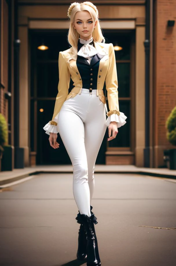 highly detailed woman, <lora:Nobody_MackenzieDream-48:0.75>, dr34m, blonde hair, Fuchsia, with modern style, radiant light, unreal engine, wearing r1d3r, (formal jacket), long sleeves, (tailcoat), white pants, ascot, frills, high collar,  high heel boots, ...