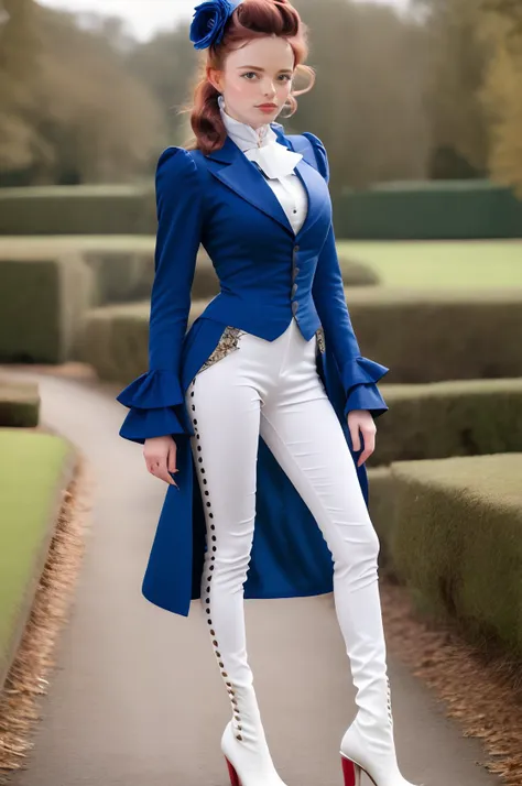 a close up of a woman in a blue jacket and white pants