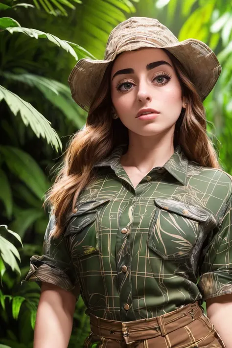 a photo of S078_Slayeas, a stunning woman, in a (jungle:1.25), wearing a (checkered-shirt), (8k, RAW photo, best quality, ultra high res, depth of field:1.2), (absurdres, intricate, photorealistic, masterpiece, ultra-detailed, Unreal Engine:1.3)