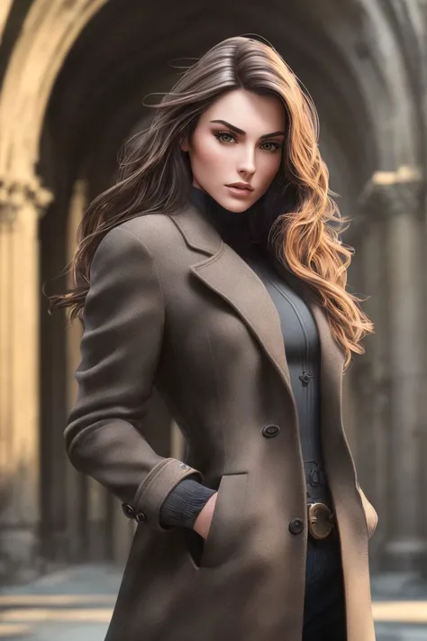 a photo of S097_DianaBabyna, an attractive woman, in a (ruin), wearing a (long-coat:1.1), (8k, RAW photo, best quality, depth of field, ultra high res:1.2), (absurdres, intricate, photorealistic, masterpiece, ultra-detailed, Unreal Engine:1.3)