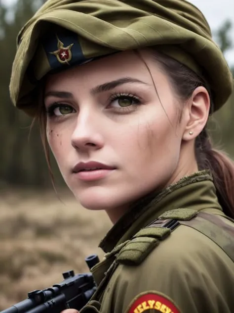 a close up of a woman in a military uniform holding a gun