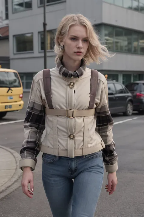 professionally color graded photograph of sexy skinny Icelandic 21 year old queer woman model wearing flannel straitjacket, walking on fashion runway, hard focus, depth of field, <lora:StraitjacketPsycho_v2:0.7>