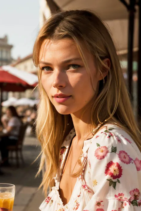 veronicaVar2 piercing eyes, looking straight, very happy,long hair, wearing an floral dress, closeup portrait, in a outdoor cafe in 2015, afternoon light