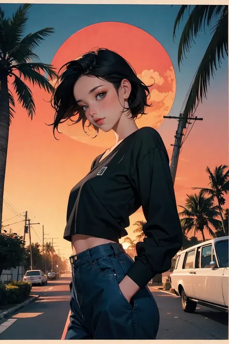 a woman standing on the side of a road next to a car