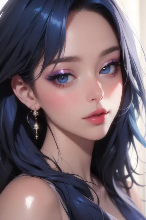 (masterpiece, best quality, beautiful and aesthetic:1.3), 1girl, solo, navy blue hair, long hair, closeup portrait, m3tall1c, makeup, portrait, close-up, metallic eyeshadow, (looking at viewer:1.4), beautiful face, beautiful eyes, glossy skin, shiny skin, ...