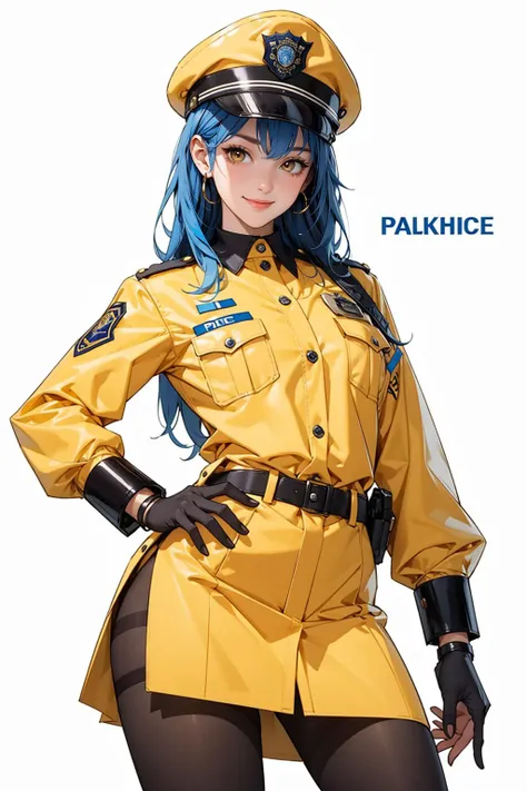 1girl, black pantyhose, blue hair, character name, cuffs, handcuff dangle, handcuffs, hat, long hair, pantyhose, police, police hat, police uniform, policewoman, smile, solo, uniform, unworn hat, unworn headwear, white background, yellow eyes, masterpiece,...