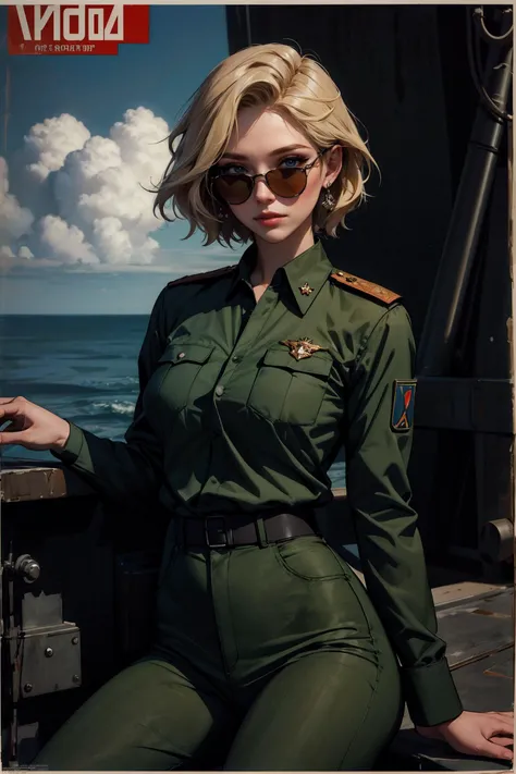 (masterpiece, best quality, ultra-detailed:1.3), perfect female body, narrow waist, perfect curves, ocean, clouds, 1girl, looking at viewer, (intricate detail, sexy, cool, alluring), military uniform, green pants, (soviet poster:1.1), sunglasses BREAK shor...