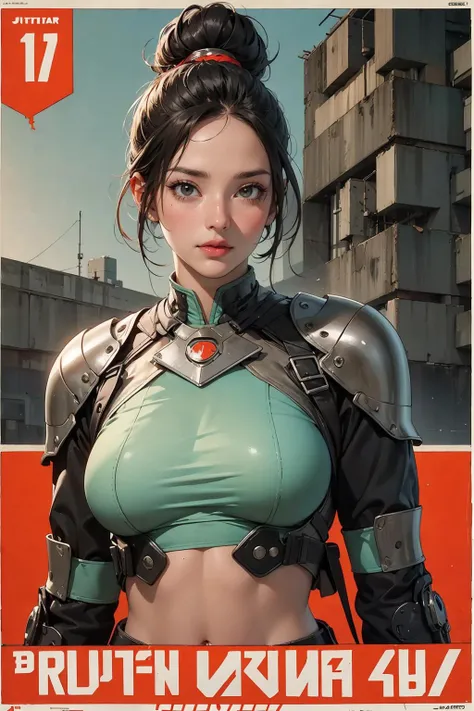 (masterpiece, best quality, hires, high resolution:1.2), (extremely detailed, realistic, intricate details, highres), 3d, cg, woman, (brutalist style:1.6), heavy steampunk armor, muscular, abs, shiny skin, black hair, bun, science fiction, (cinematic light...