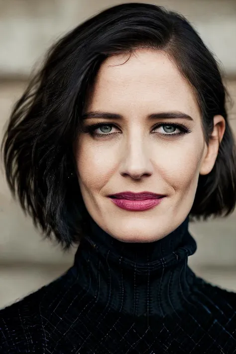 evgreen,  portrait photo, closeup, wearing (black turtleneck sweater:1.3),  facing camera,(outdoors:1.2),  bold, bright colours, 8k uhd, dslr, high quality, (film grain:1.1),      <lyco:EvaGreenDogu:1>