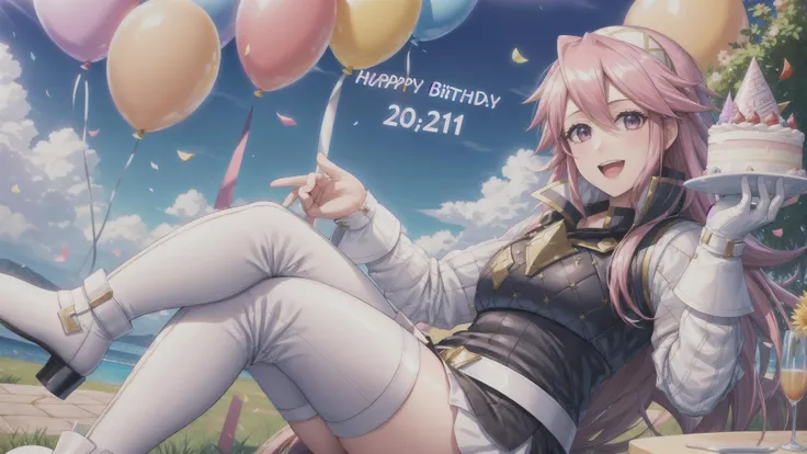 (Soleil, Fire Emblem), pink hair, pink eyes,   BREAK,
hairband, armor, white shirt, long sleeves, black vest, belt, white miniskirt, white gloves, black pantyhose, thigh boots, party hat, BREAK,
(((happy birthday))), (((birthday cake))),  happy smile, BREA...