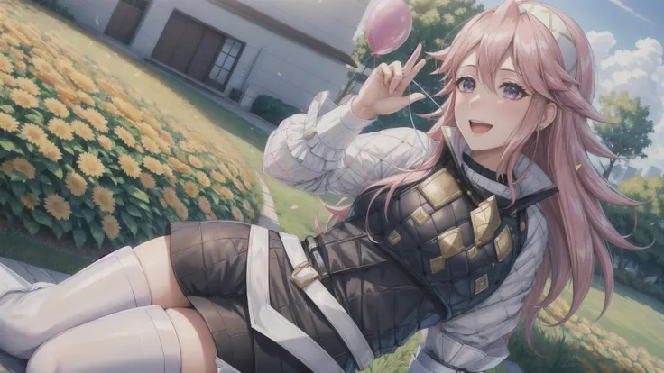 (Soleil, Fire Emblem), pink hair, pink eyes,   BREAK,
hairband, armor, white shirt, long sleeves, black vest, belt, white miniskirt, white gloves, black pantyhose, thigh boots, party hat, BREAK,
(((happy birthday))), (((birthday cake))),  happy smile, BREA...