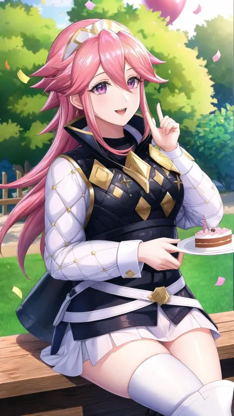 (Soleil, Fire Emblem), pink hair, pink eyes,   BREAK,
hairband, armor, white shirt, long sleeves, black vest, belt, white miniskirt, white gloves, black pantyhose, thigh boots, party hat, BREAK,
(((happy birthday))), (((birthday cake))),  happy smile, BREA...