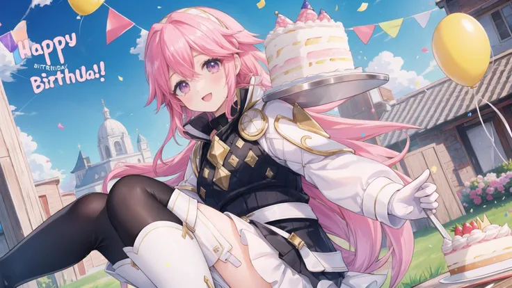 (Soleil, Fire Emblem), pink hair, pink eyes,   BREAK,
hairband, armor, white shirt, long sleeves, black vest, belt, white miniskirt, white gloves, black pantyhose, thigh boots, party hat, BREAK,
(((happy birthday))), (((birthday cake))),  happy smile, BREA...