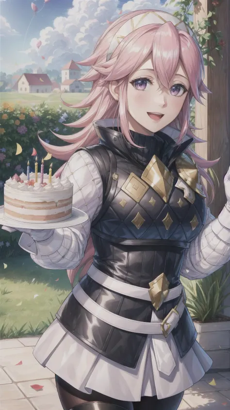 (Soleil, Fire Emblem), pink hair, pink eyes,   BREAK,
hairband, armor, white shirt, long sleeves, black vest, belt, white miniskirt, white gloves, black pantyhose, thigh boots, party hat, BREAK,
(((happy birthday))), (((birthday cake))),  happy smile, BREA...