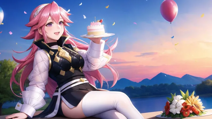 (Soleil, Fire Emblem), pink hair, pink eyes,   BREAK,
hairband, armor, white shirt, long sleeves, black vest, belt, white miniskirt, white gloves, black pantyhose, thigh boots, party hat, BREAK,
(((happy birthday))), (((birthday cake))),  happy smile, BREA...