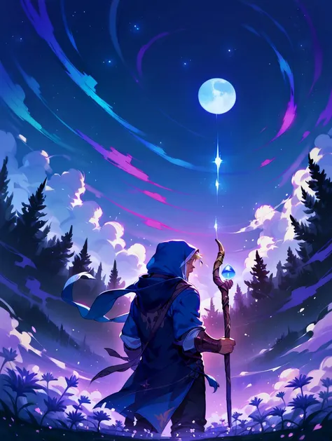 a man with a staff standing in front of a forest at night