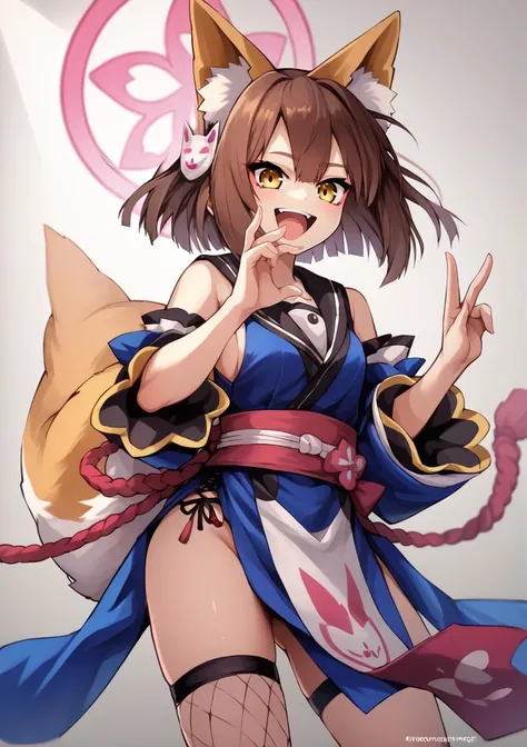 1girl, izuna (blue archive), short hair, brown hair, yellow eyes, blue kimono, detached sleeves, pelvic curtain,  fox shadow puppet,   tamamo (fate) (cosplay),  <lora:Wisespeak-Style-PonyXL-rubish fox:0.9>, score_9, score_8_up, score_7_up, score_6_up, scor...