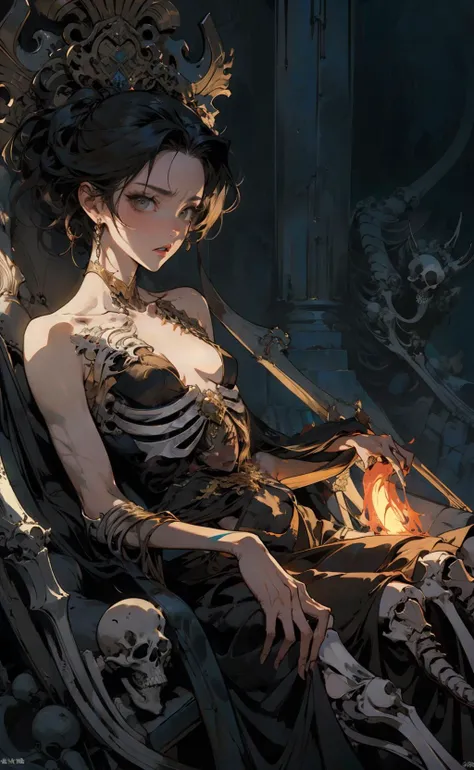 masterpiece, best quality, ultra high res, extremely detailed, award-winning painting, short hair, cult, sitting, skeleton throne, mountain of bones, highly decorated walls, dungeon, torch stand, depth of field, dungeons, black dress, dark theme, visually ...