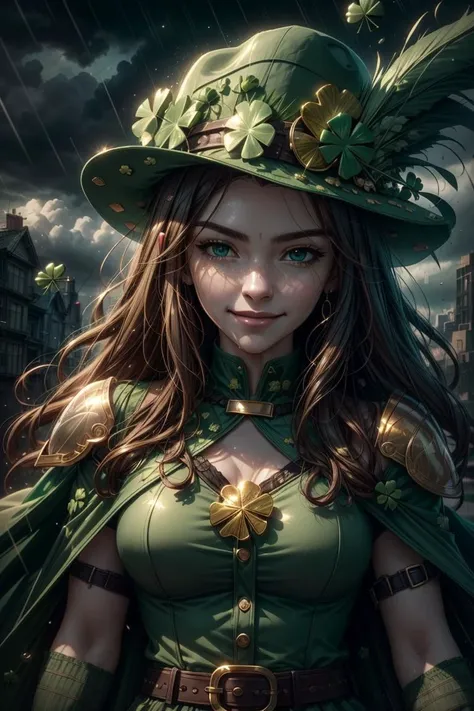 cyberpunk [foggy celtic landscape in the distance : ((masterpiece, best quality)), <lora:ShamrockWorld-10:0.2>, ShamrockWorld,  clover, four-leaf clover, (gold rain:0.2), solo, red long hair, celtic knots, smile face, epic landscape background, hat, holdin...