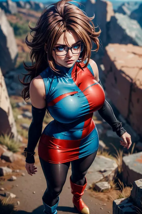 a woman in a blue and red outfit and glasses walking on a path