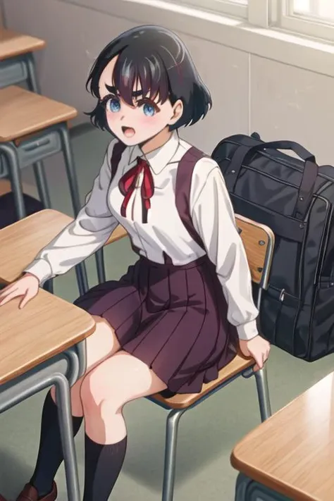 best quality, masterpiece, highres, solo, {koganeikoito_edomaeelf:1.15}, short_hair, black_hair, blush, blue_eyes, ribbon, neck_ribbon, blue_hair, classroom, desk, indoors, locker, multiple_girls, school_desk, school_uniform, shoes, socks, uwabaki, 2girls,...