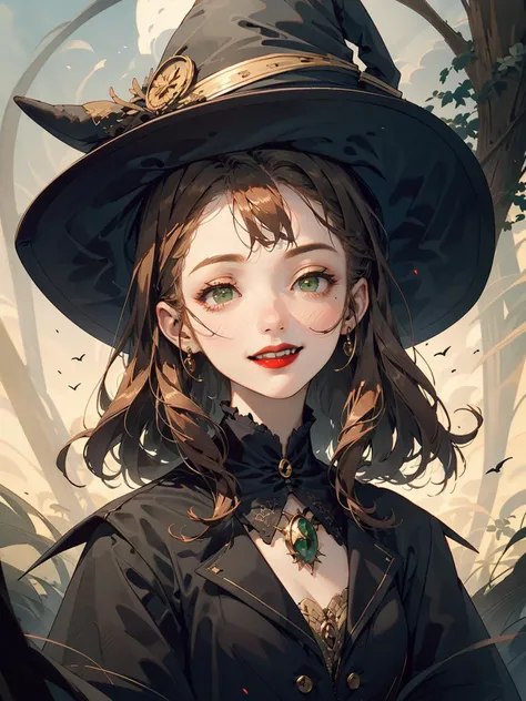 1girl,solo,game cg,red lips,green eyes,(WITCH HAT:1.3),(a witch hat:1.3),golden curly hair,upper body,portrait,outdoors,smile,<lora:æ°´å¢¨-000012:0.5>,