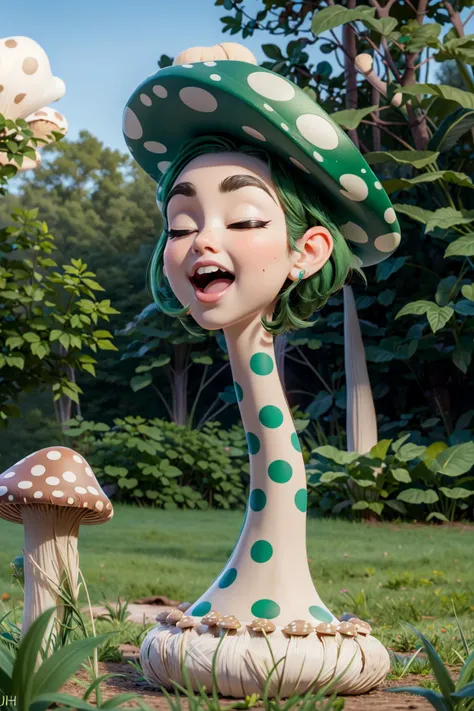 (cute adorable girl:1.1), (disney pixar style:1.2), age 19, (mu5hr00m, Mushroom Girl:1.4), (very long neck:1.4), (eyes closed:1.3), (green mushroom, polka dots, armless:1.6), (short green hair:1.3), (tight smooth skin:1.3), young and youthful, (colored ski...